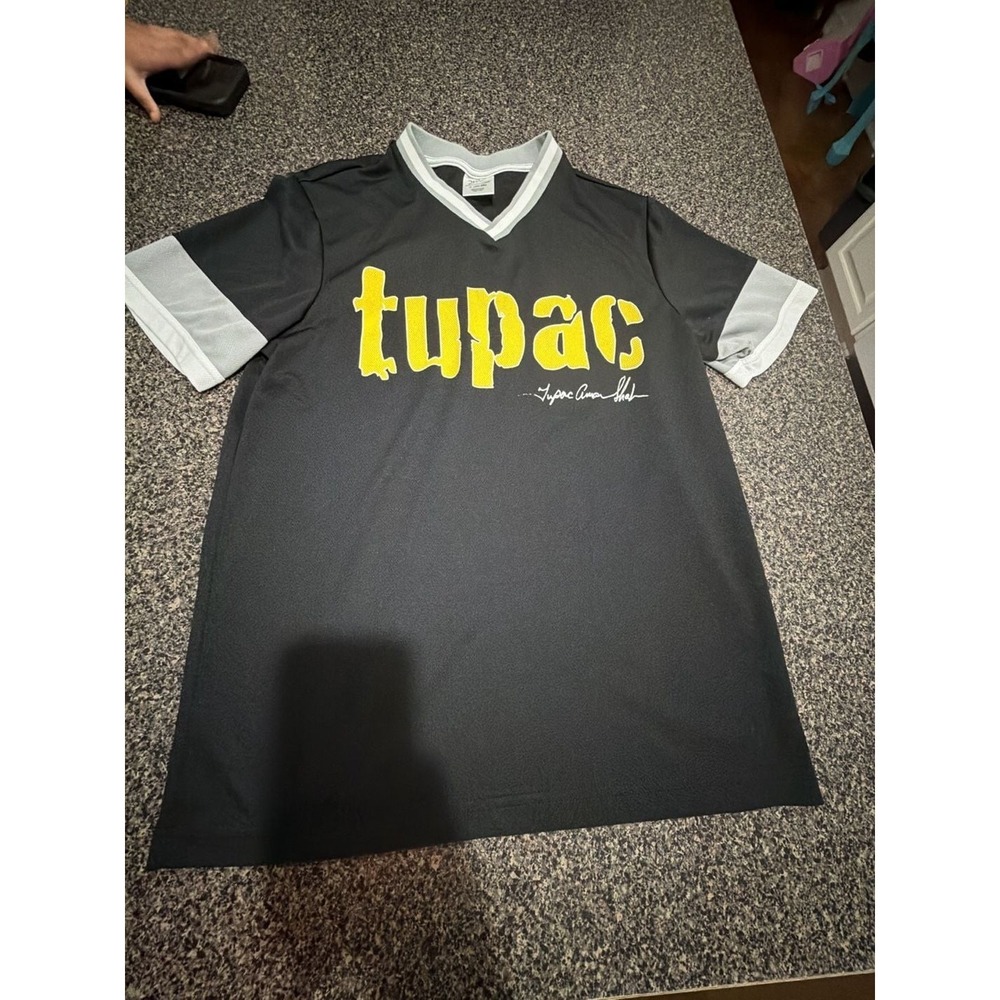 Tupac Shakur V-Neck Graphic Jersey Shirt Black Yellow Size L